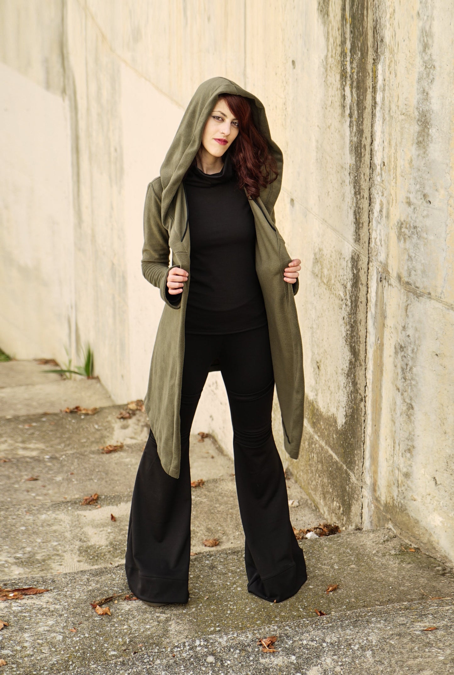 Black Hooded Elven Wrap Cloak – Asymmetrical Fleece Cape with Maxi Hood