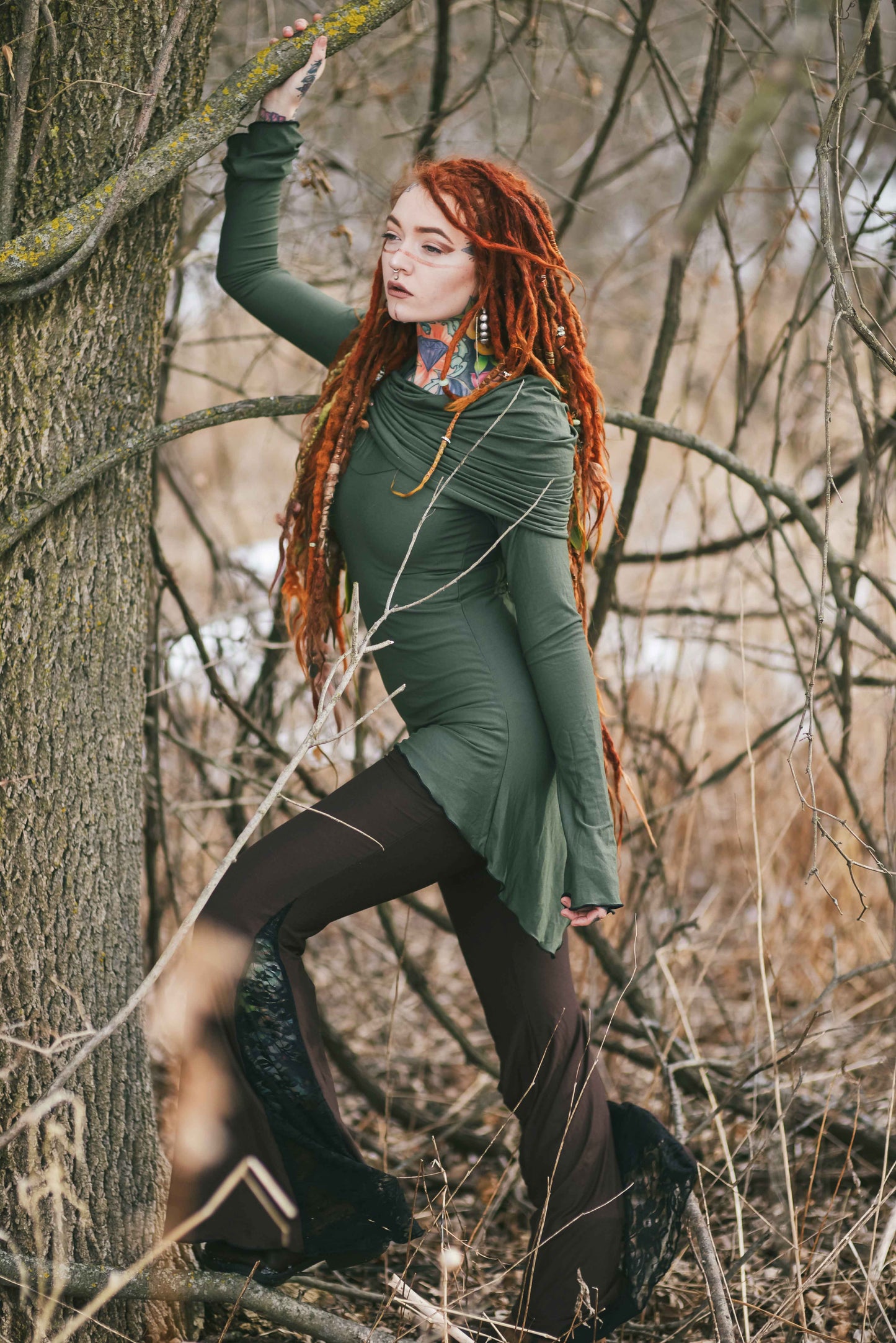 Green Hooded Elven Cowl Neck Top