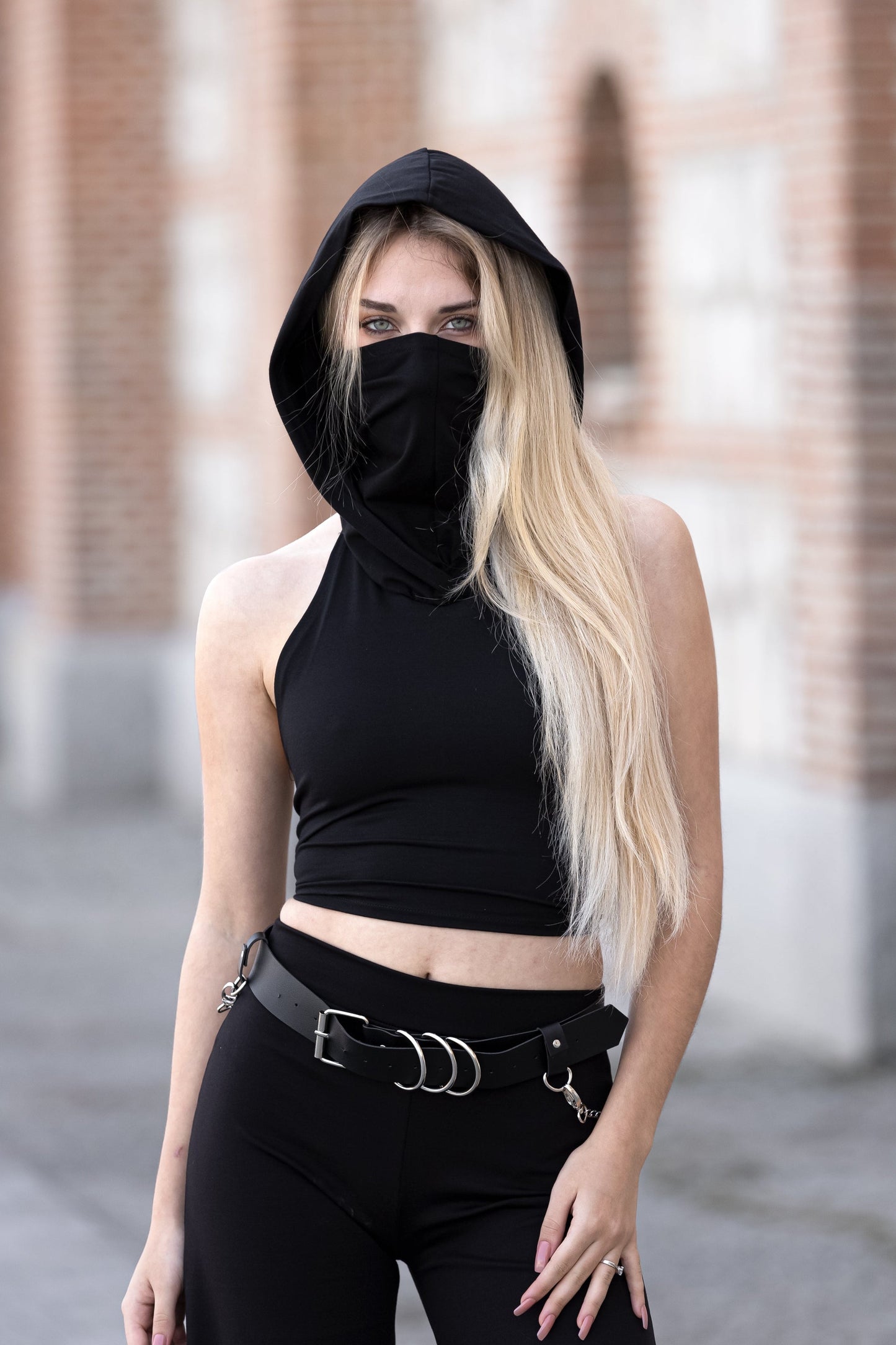 Face mask Plum Hooded black lace-up back crop top