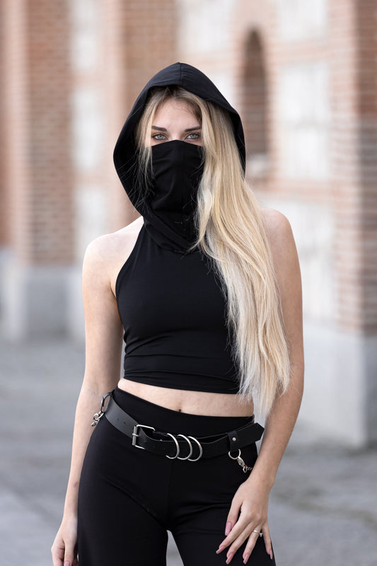 Black Hooded black crop top with face dust mask - Festival outfit