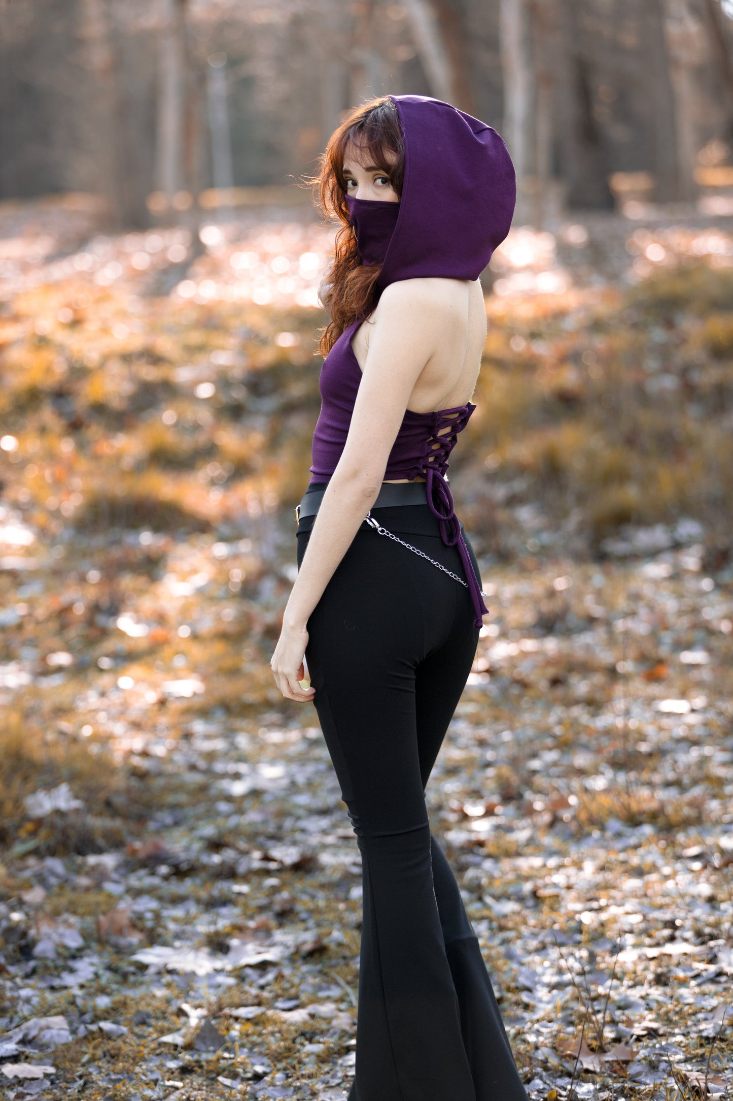 Face mask Plum Hooded black lace-up back crop top