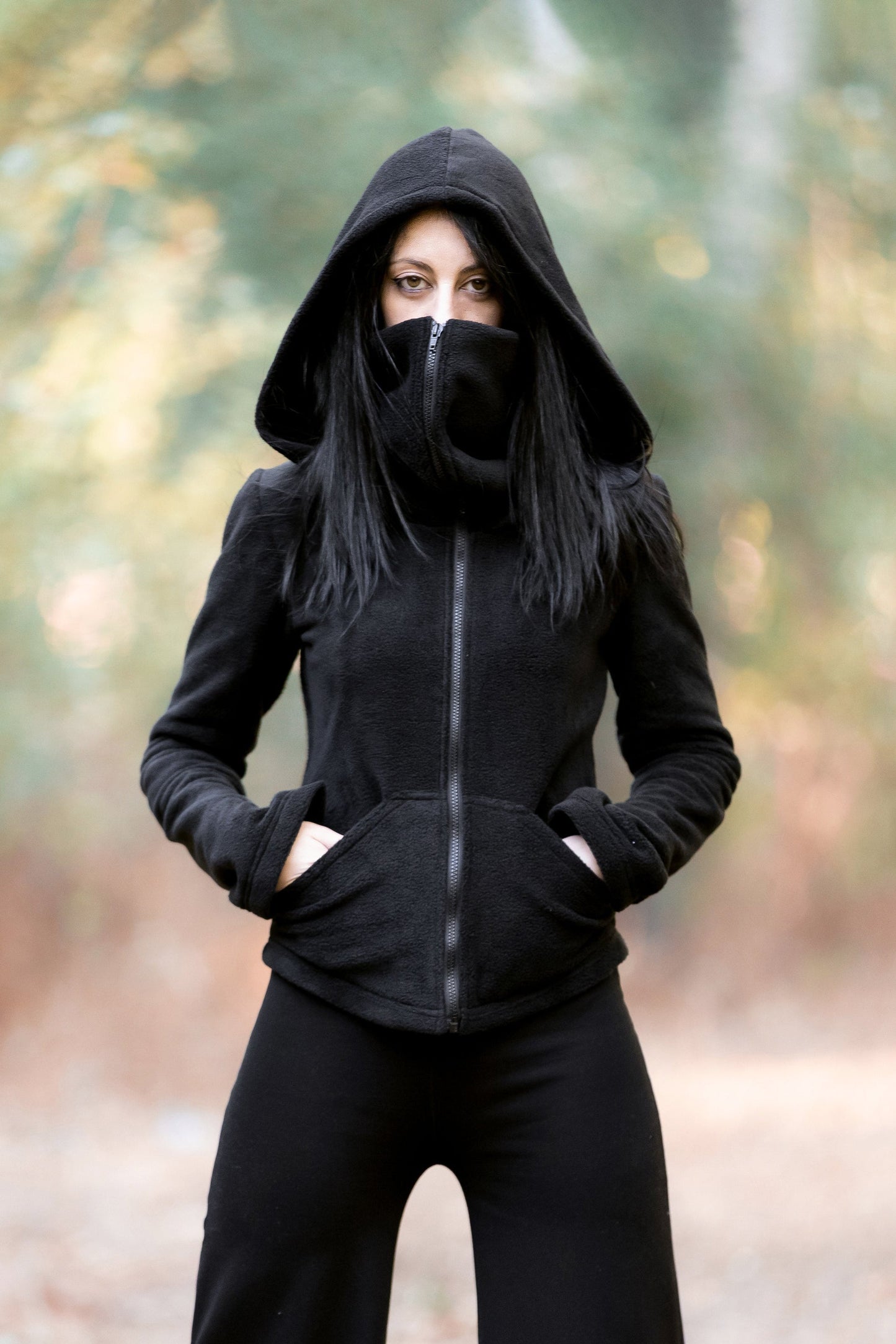 Black Ninja Hooded Fleece Jacket – Gothic Pixie Winter Coat with Face Mask