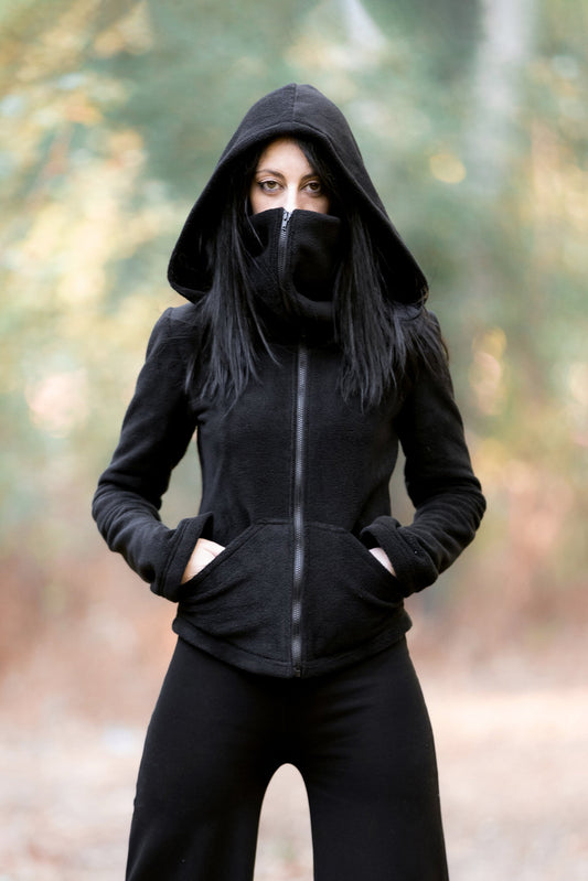 Black Ninja Hooded Fleece Jacket – Gothic Pixie Winter Coat with Face Mask