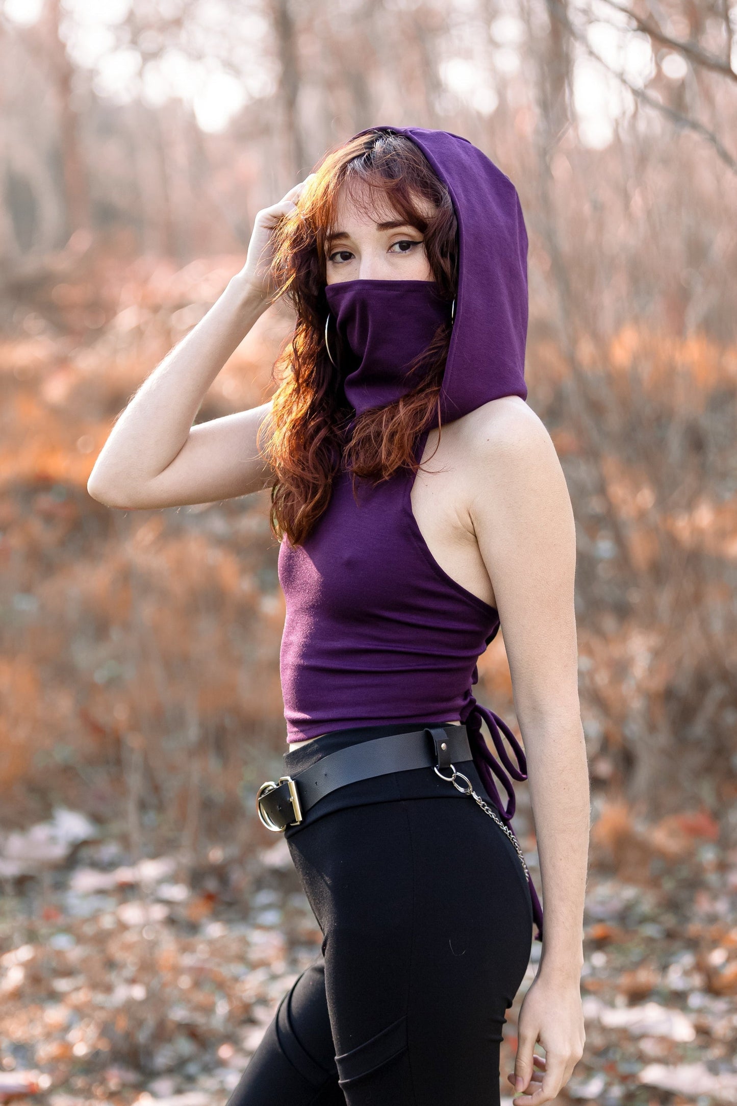 Black Hooded black crop top with face dust mask - Festival outfit