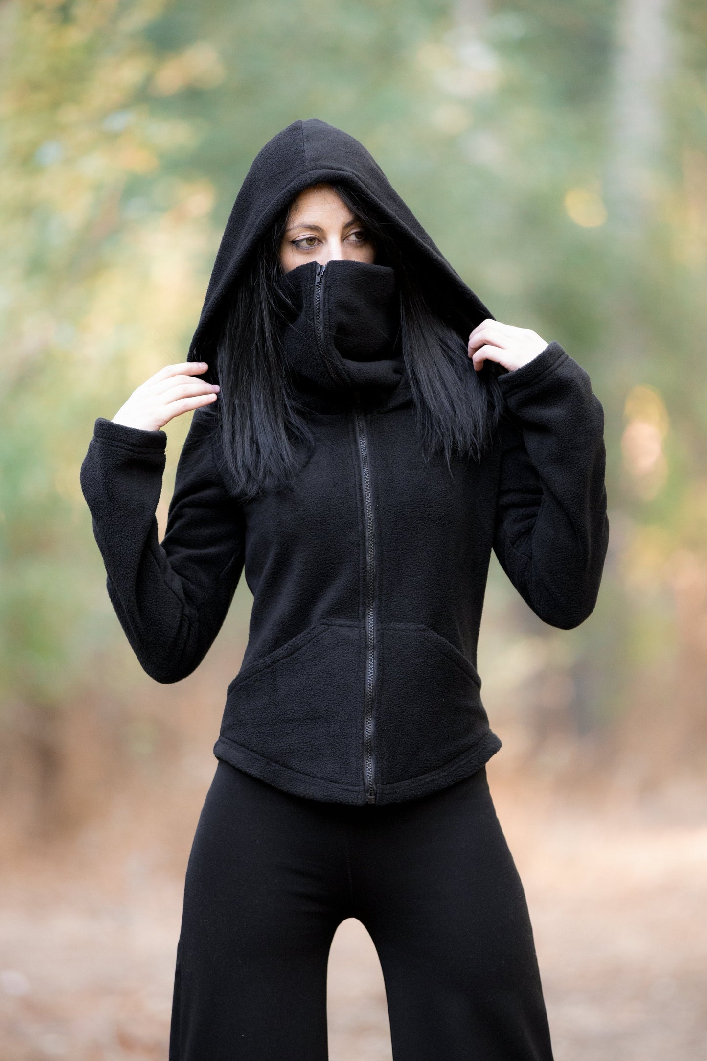 Green Ninja Hooded Fleece Jacket – Gothic Pixie Winter Coat with Face Mask