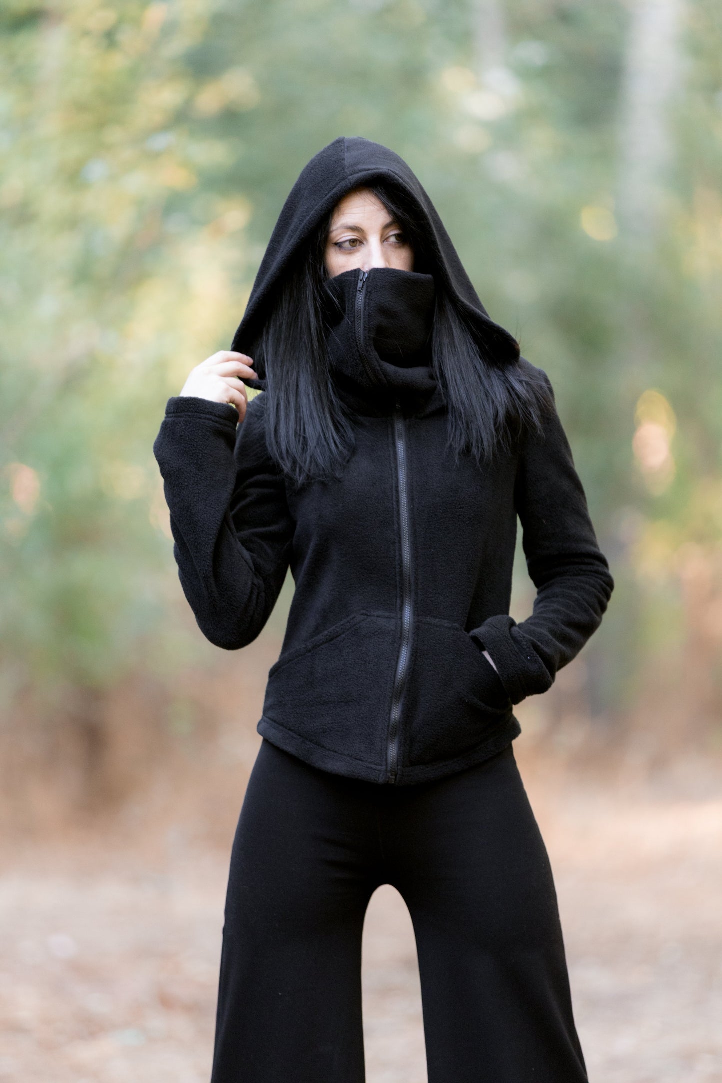 Black Ninja Hooded Fleece Jacket – Gothic Pixie Winter Coat with Face Mask