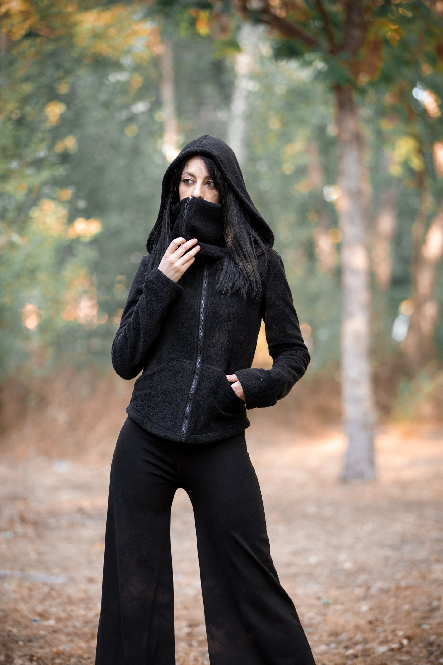 Green Ninja Hooded Fleece Jacket – Gothic Pixie Winter Coat with Face Mask