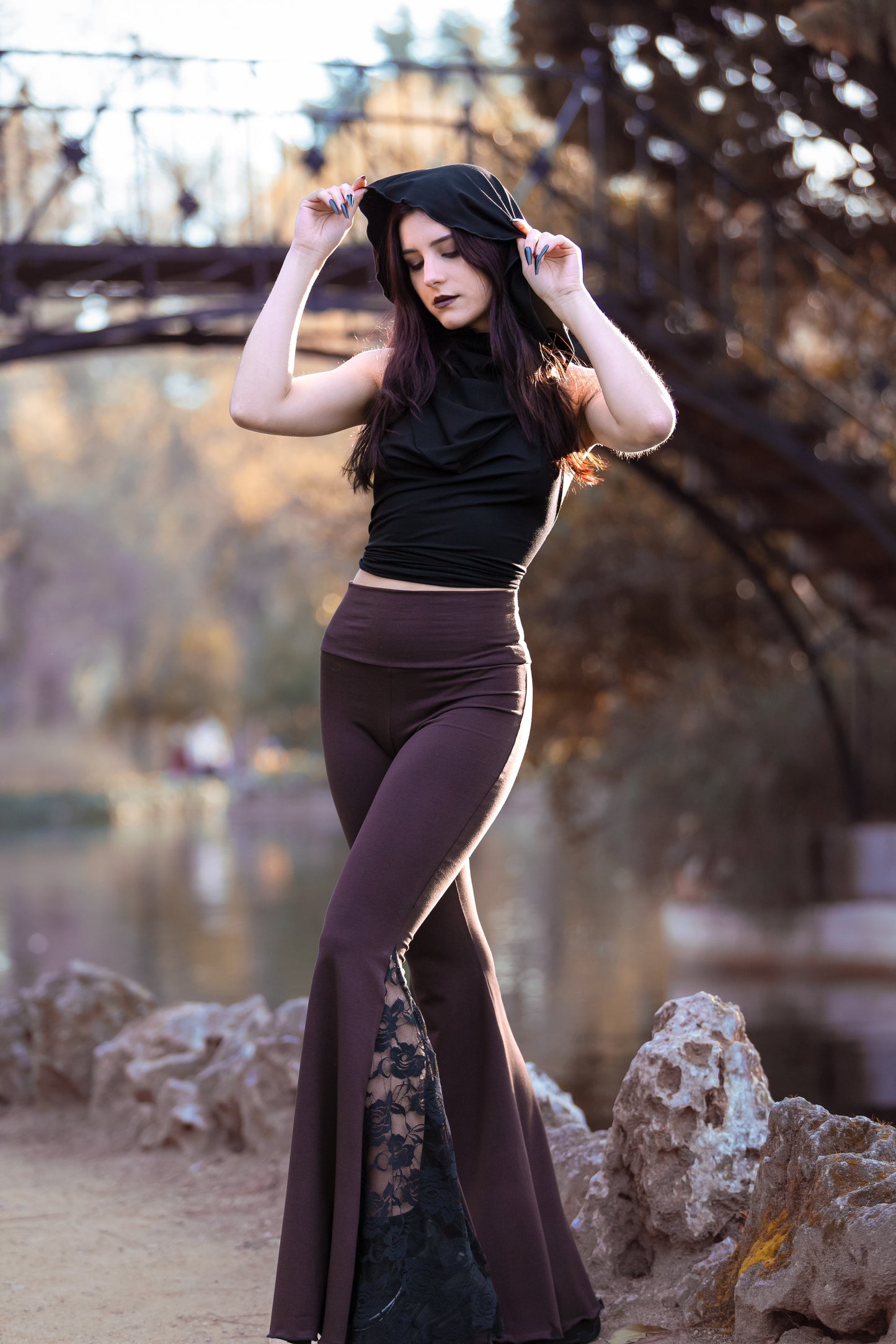 Black Flared Pants with Lace Godet