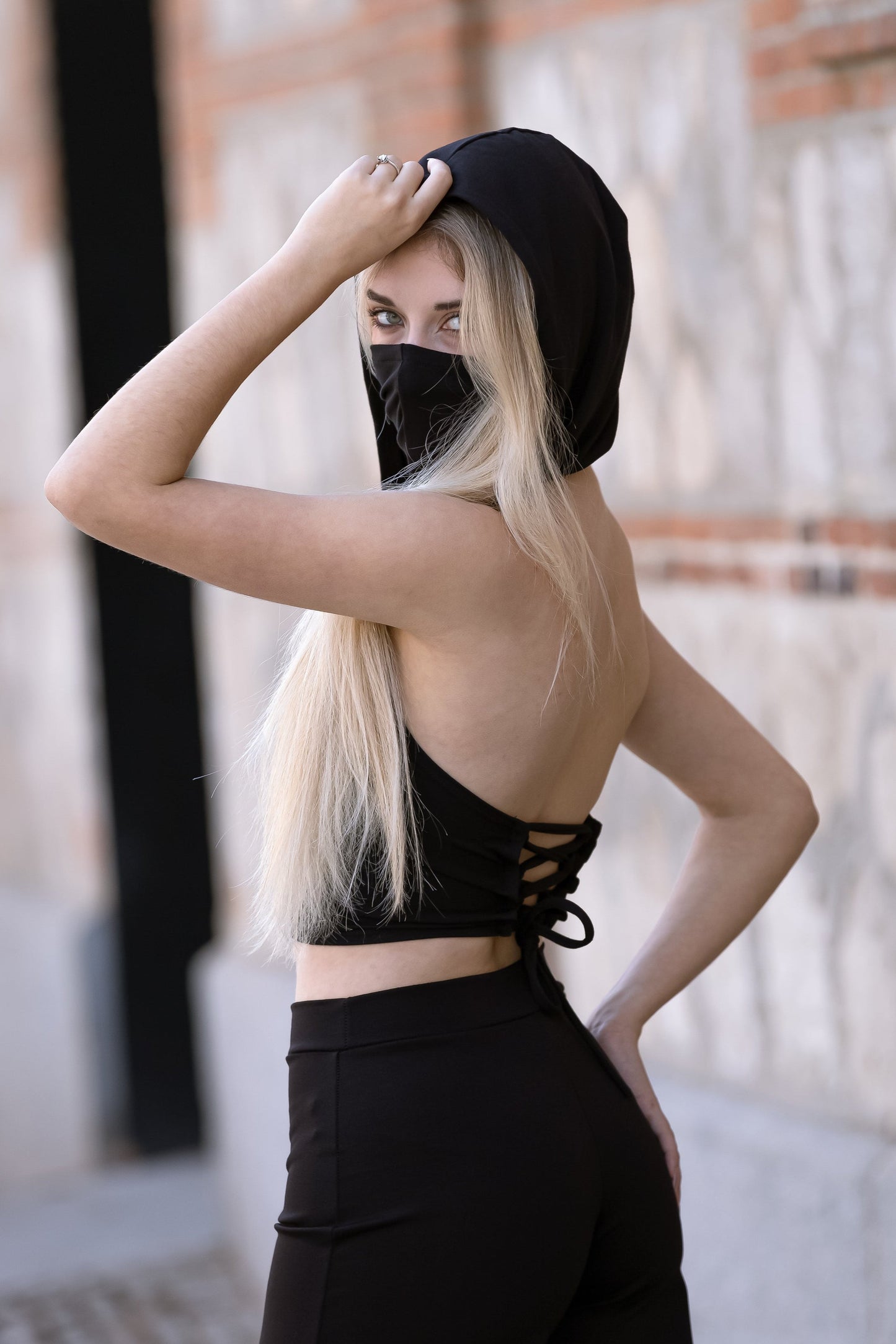 Black Hooded black crop top with face dust mask - Festival outfit