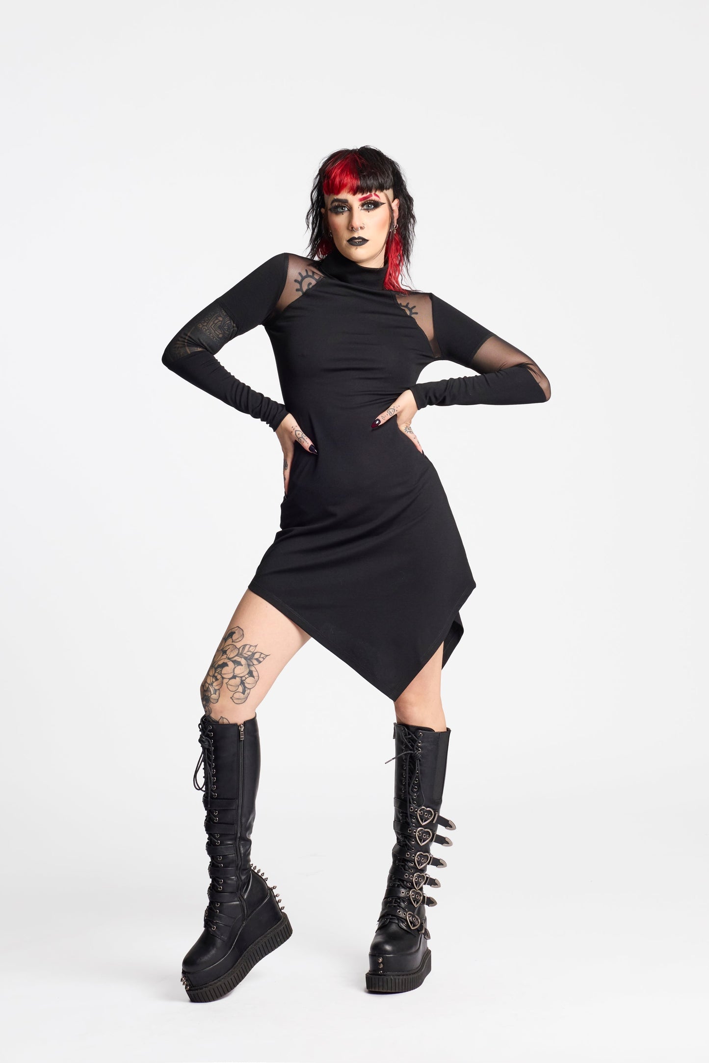 Futuristic Mesh Midi Dress – Asymmetrical & High Neck
