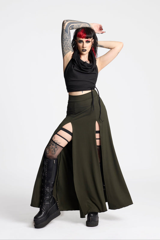 Green Maxi long skirt with double front split