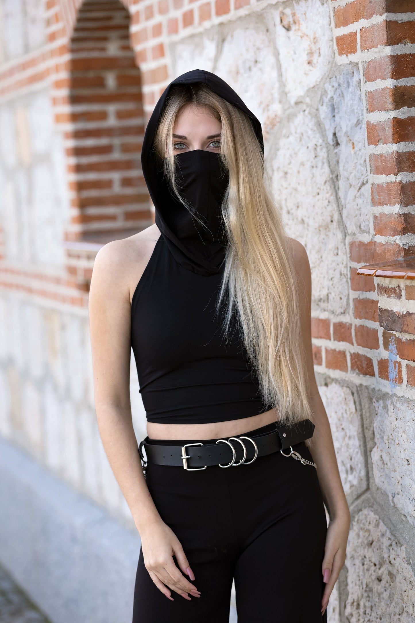 Face mask Plum Hooded black lace-up back crop top