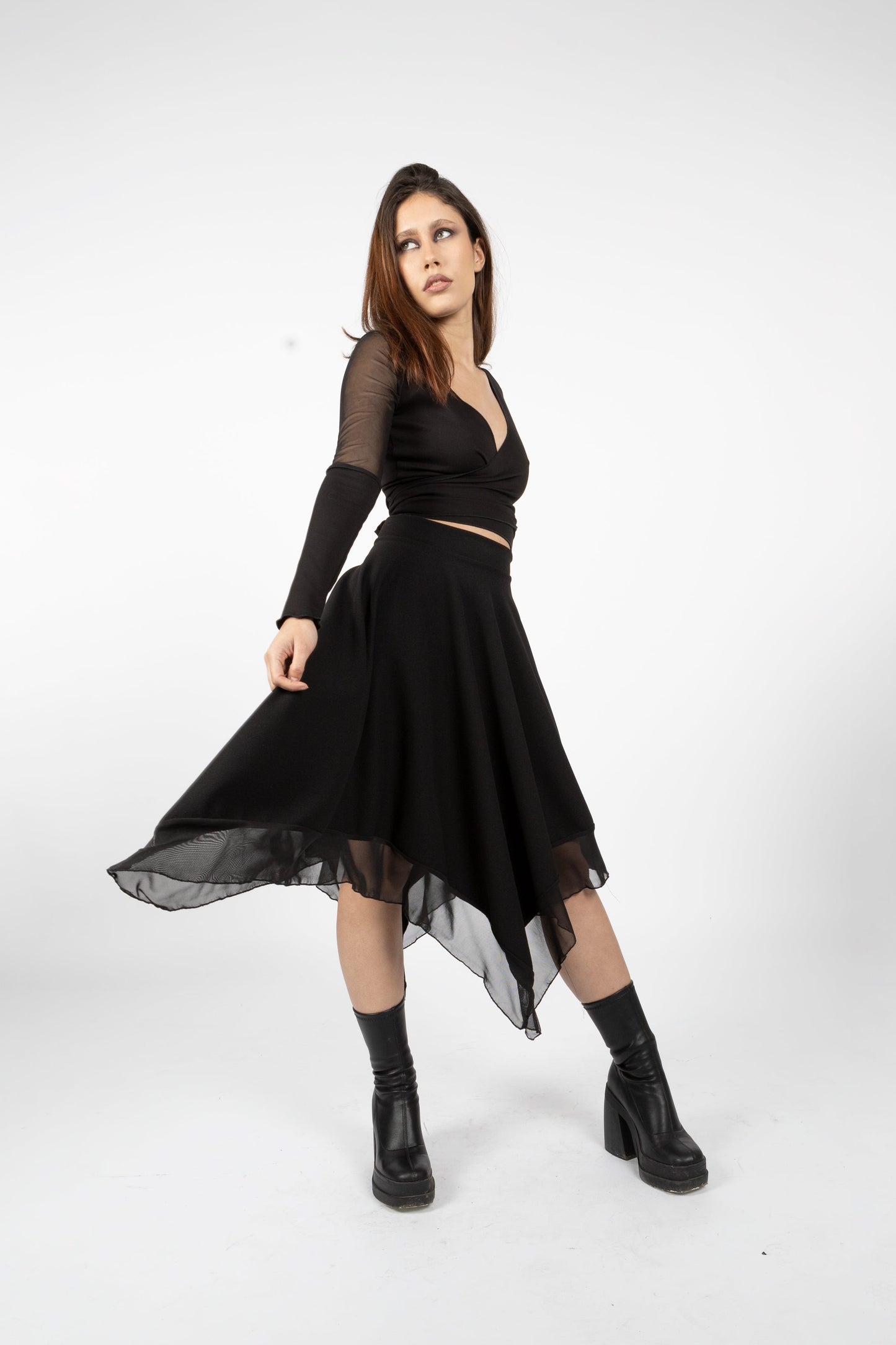 Black Witch Maxi Skirt – Asymmetrical Fairy Skirt with Tulle Layers
