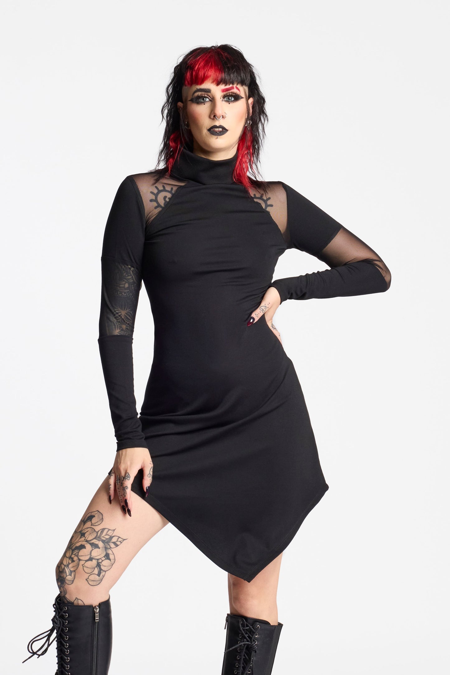 Futuristic Mesh Midi Dress – Asymmetrical & High Neck