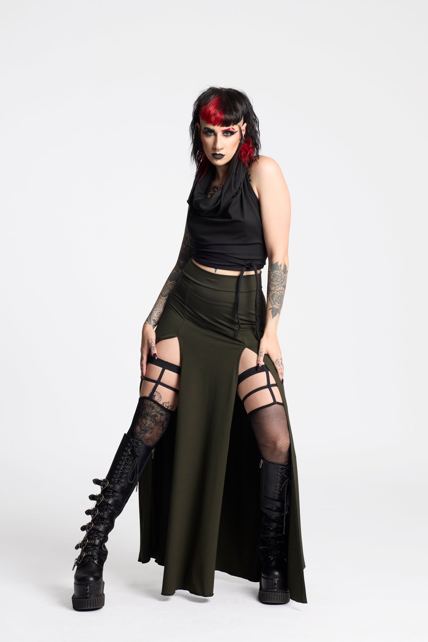 Green Maxi long skirt with double front split