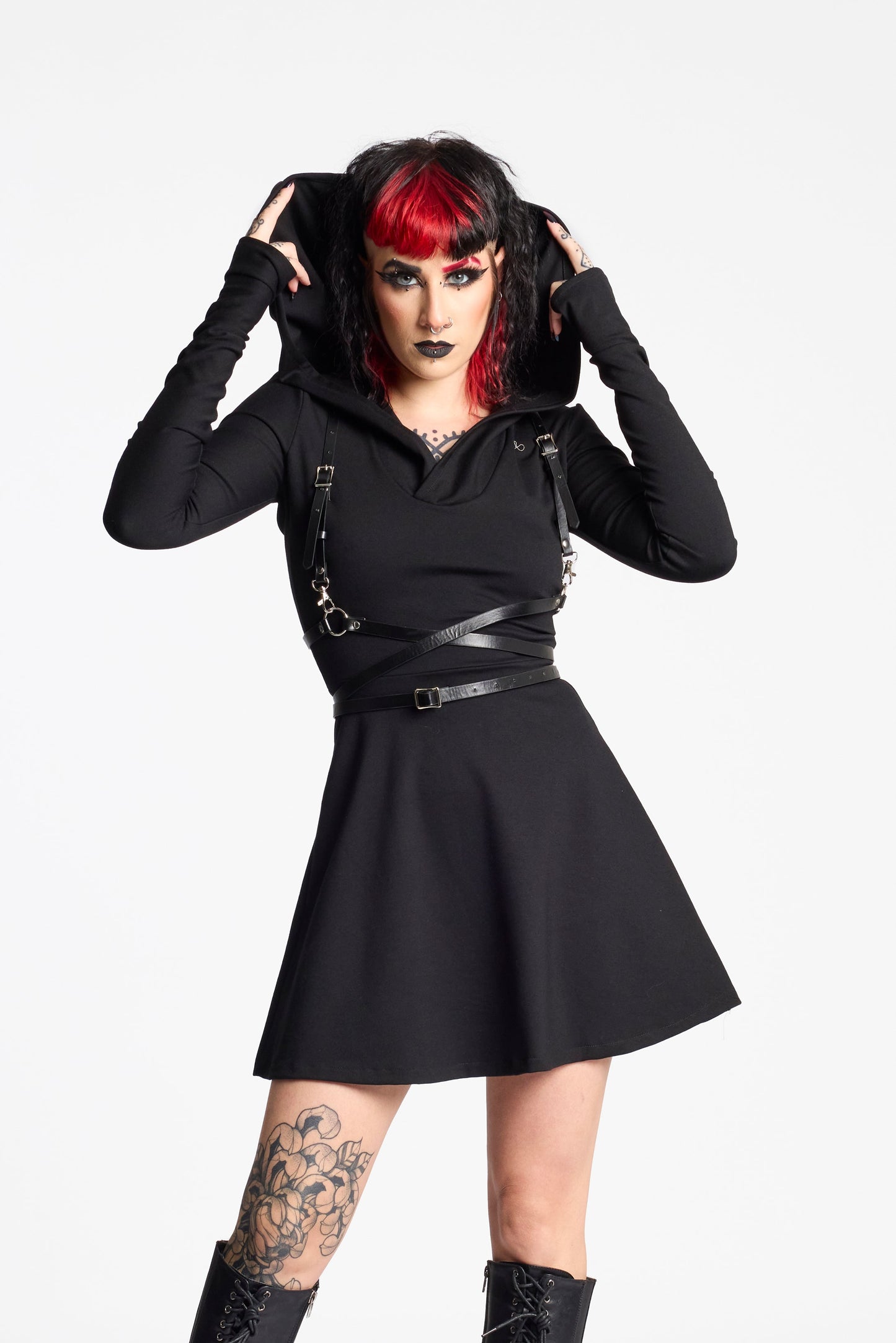 Lilith hooded skater dress with long sleeve and thumbholes