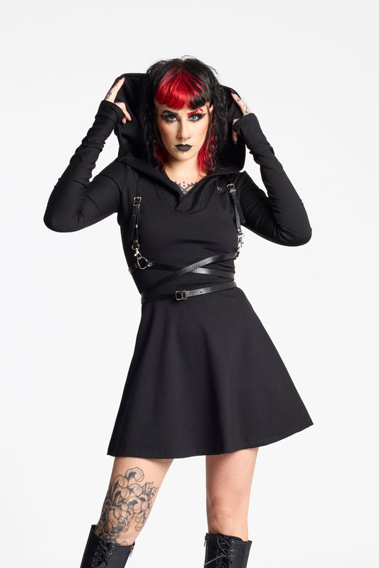 Lilith hooded skater dress with long sleeve and thumbholes