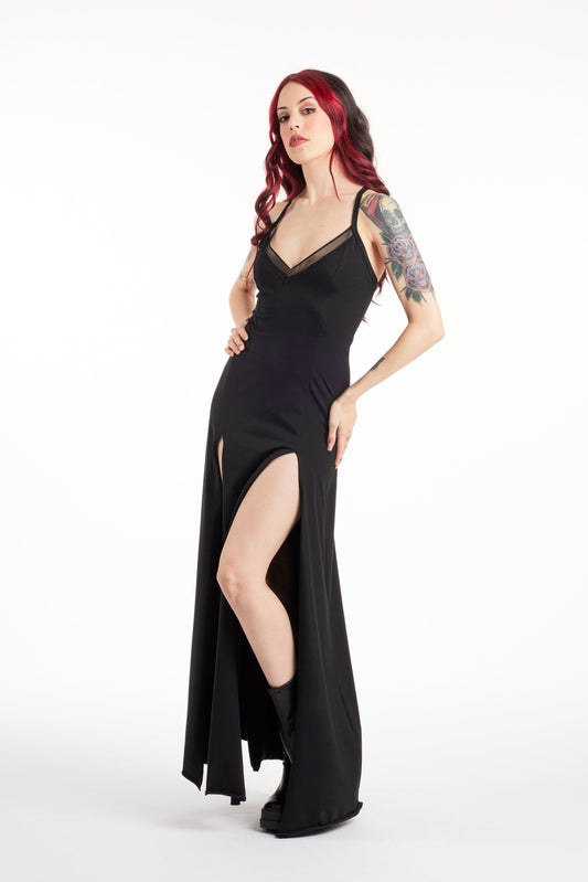 Black Front double split maxi goth dress
