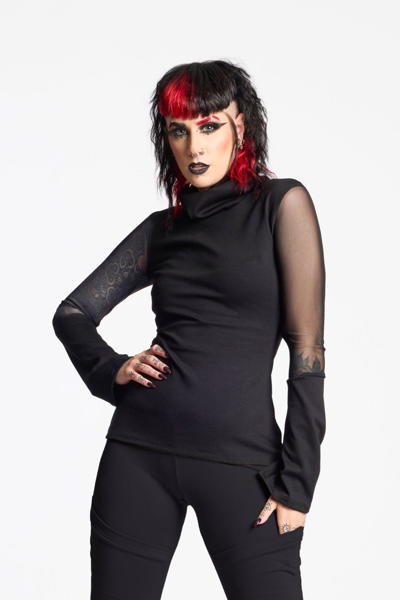 Mesh turtle neck long sleeve top