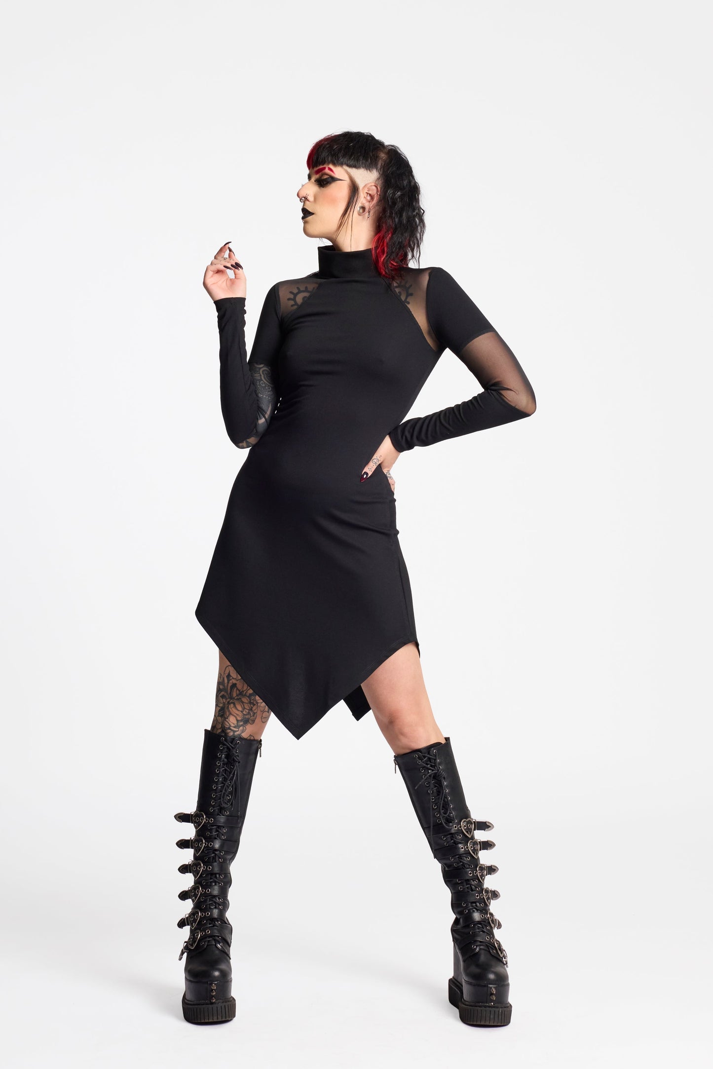 Futuristic Mesh Midi Dress – Asymmetrical & High Neck