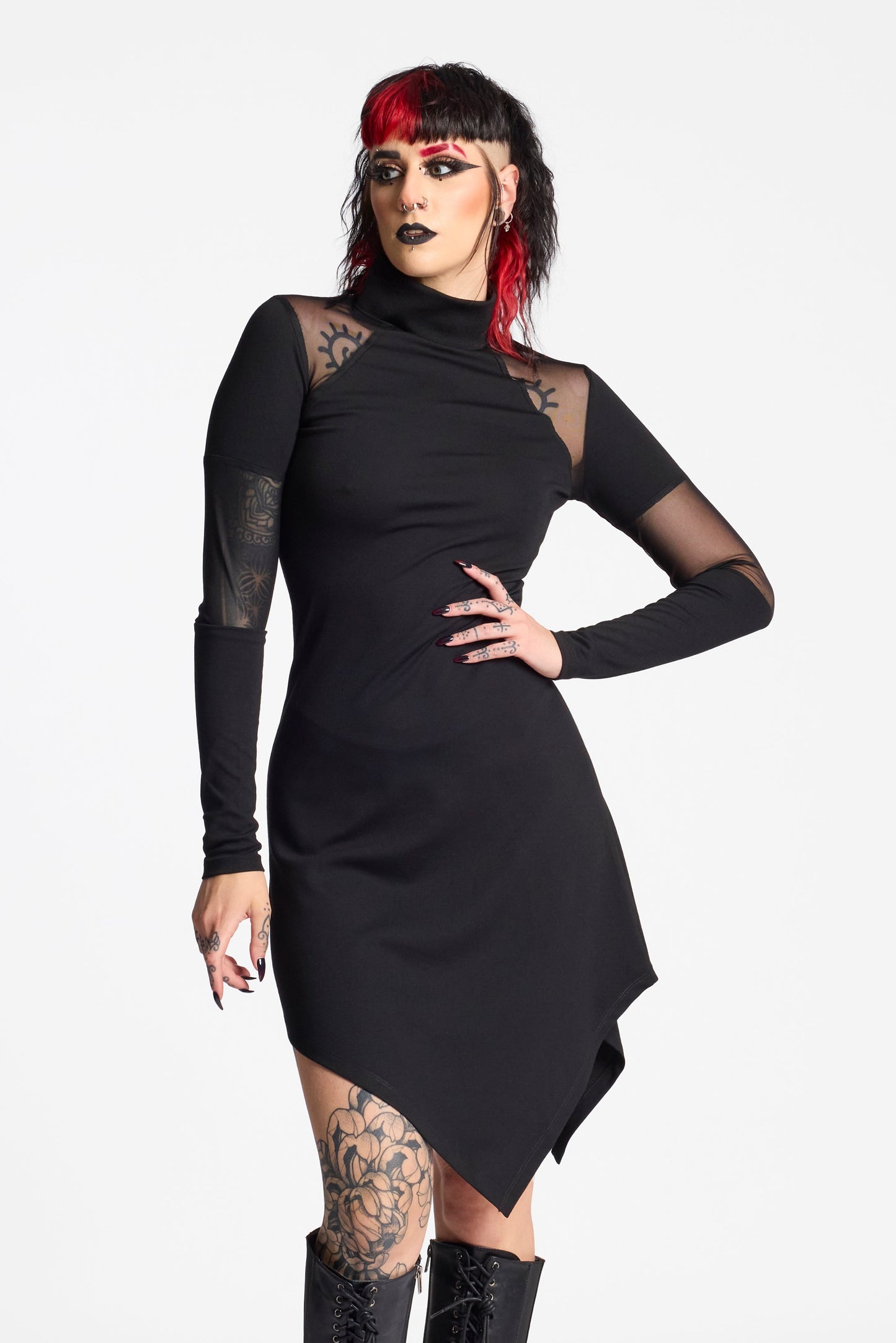 Futuristic Mesh Midi Dress – Asymmetrical & High Neck
