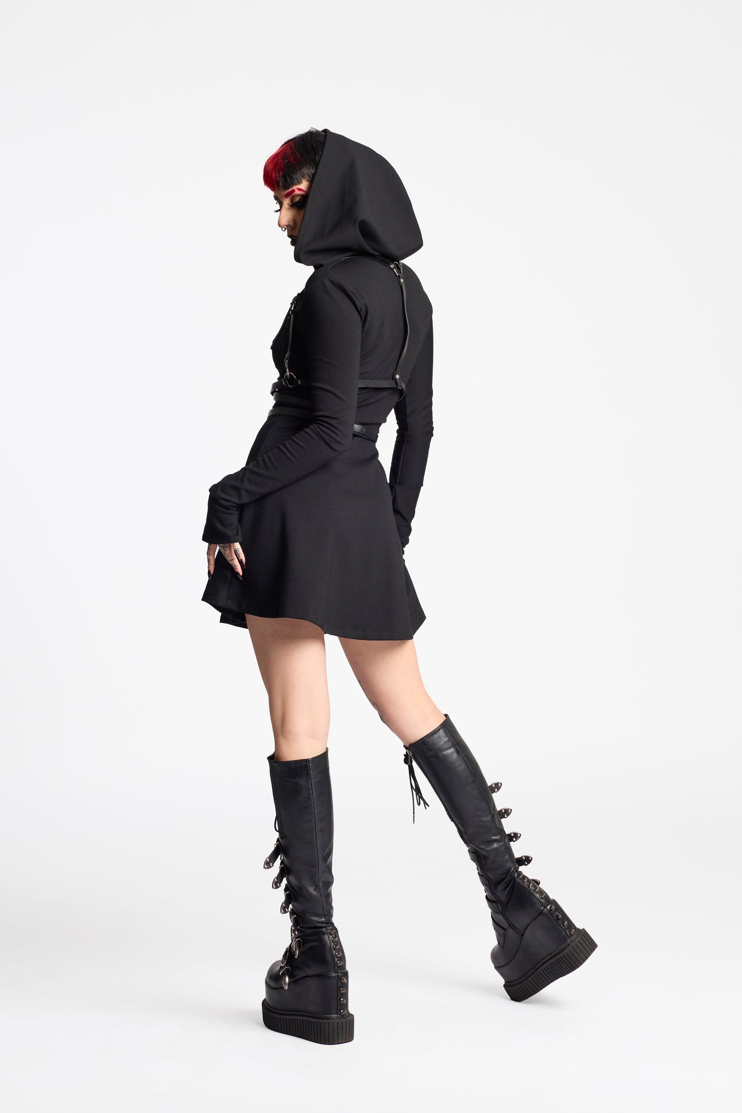 Lilith hooded skater dress with long sleeve and thumbholes
