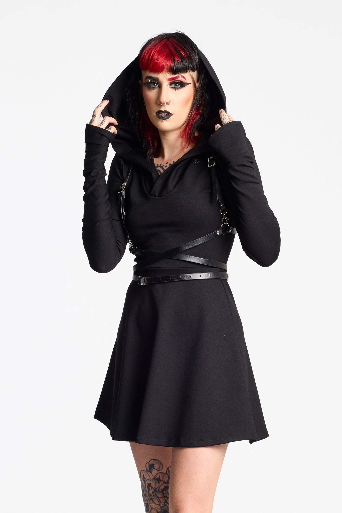 hooded black skater dress with long sleeve and thumbholes