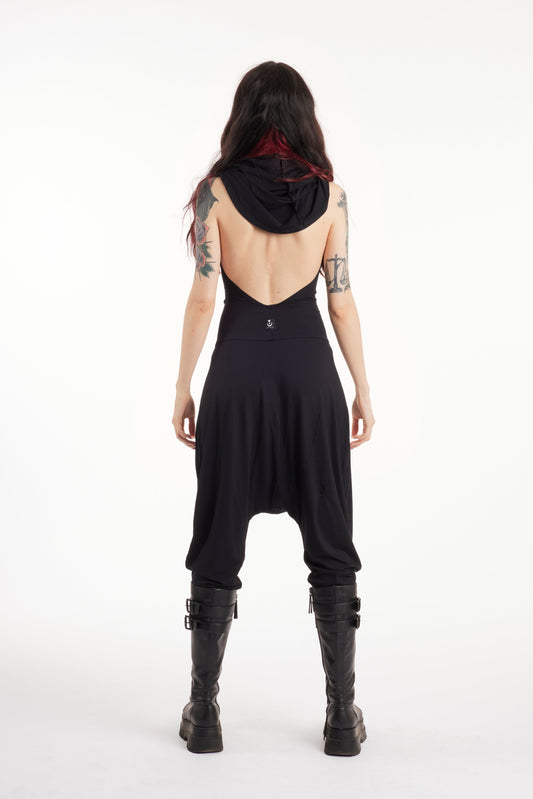 Hooded harem backless jumpsuit black