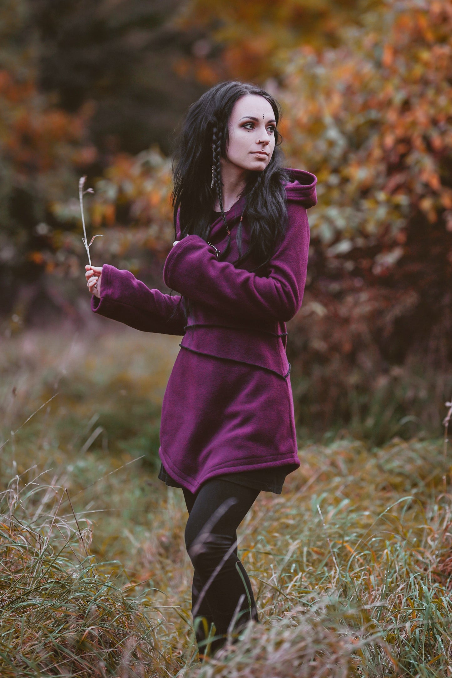 Bordeaux Elven Hooded Fleece Coat – Stretch Cotton Jacket with Maxi Hood