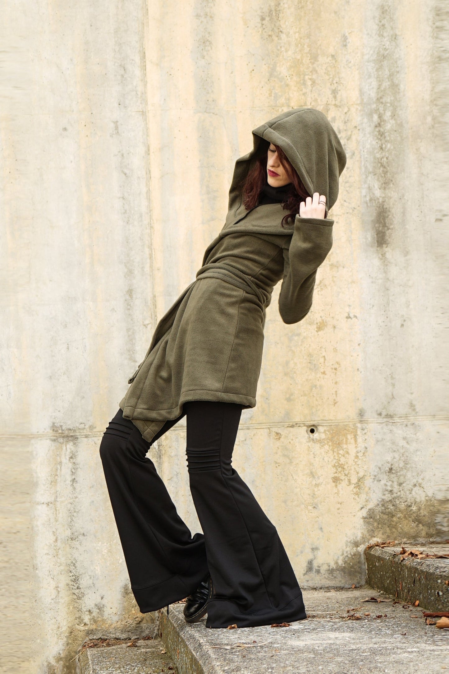 Black Hooded Elven Wrap Cloak – Asymmetrical Fleece Cape with Maxi Hood