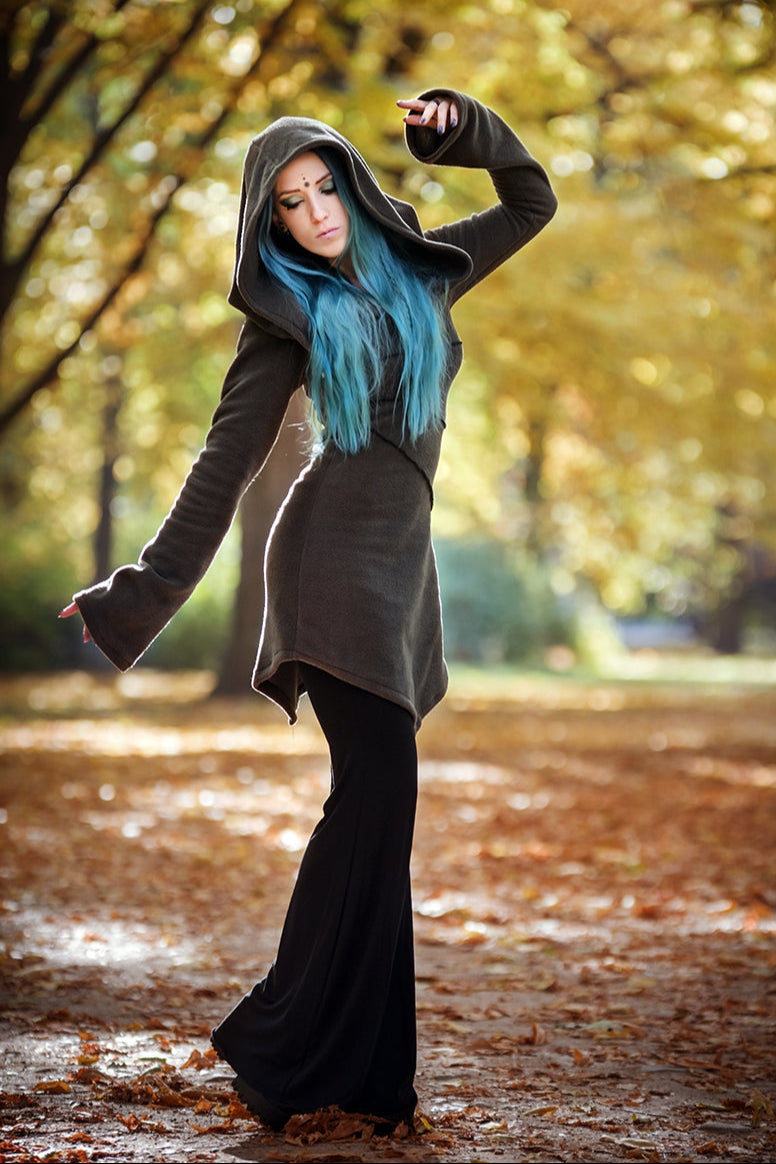 Green Elven Hooded Fleece Coat – Pixie jacket with Maxi Hood