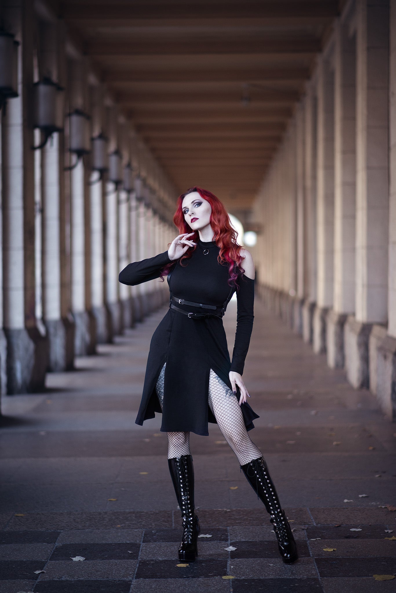 Grunge front slits sleeve midi dress