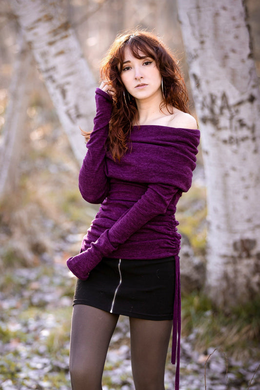 Purple cowl hooded sweater with adjustable length