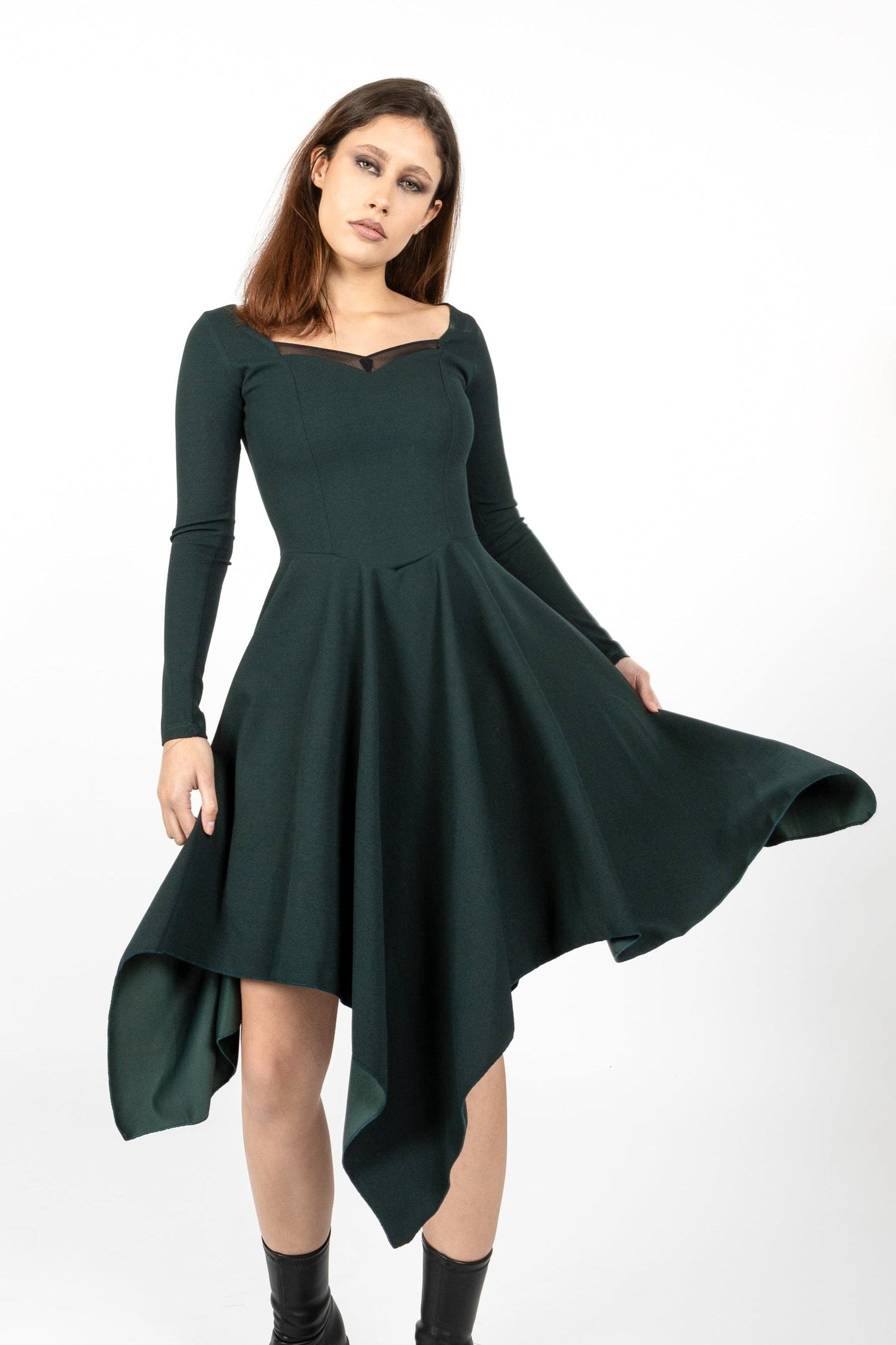 Teal coset asymmetric sleeve dress