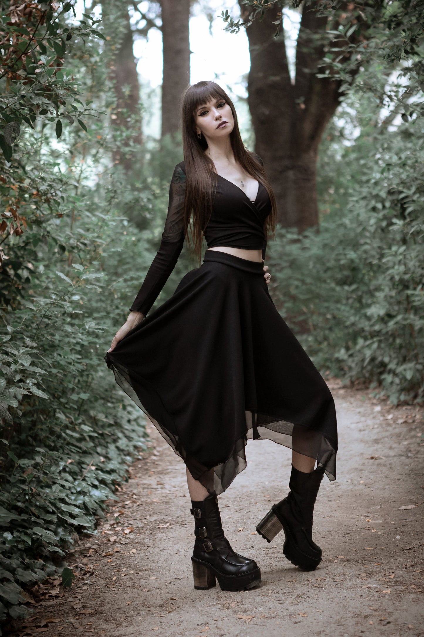 Black Witch Maxi Skirt – Asymmetrical Fairy Skirt with Tulle Layers