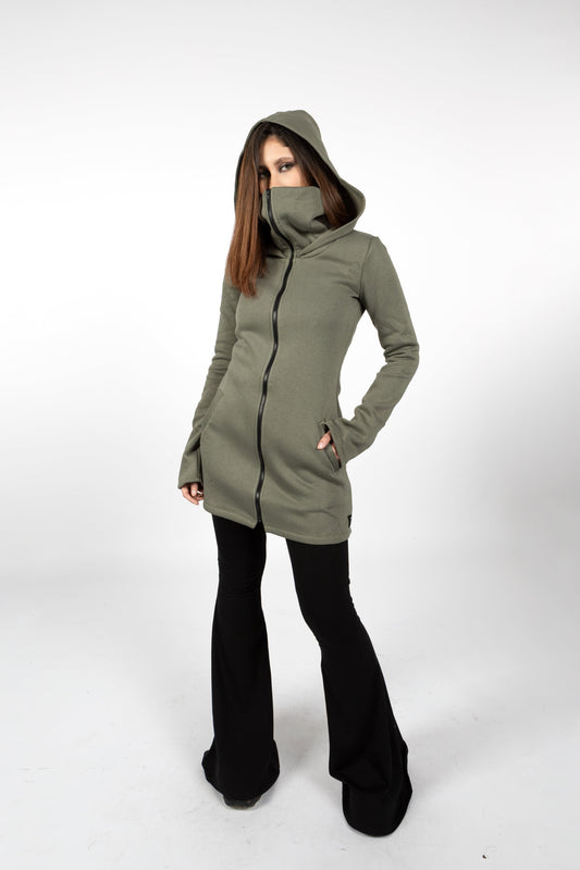 Green Elven Zipper Sweatshirt Coat with Hood & Face Mask