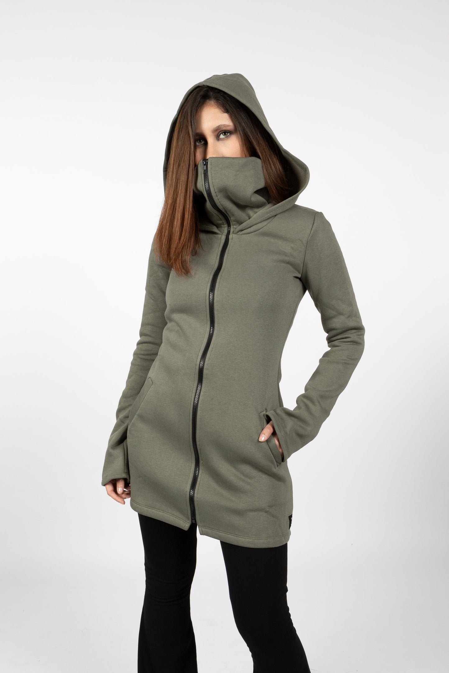 Green Elven Zipper Sweatshirt Coat with Hood & Face Mask