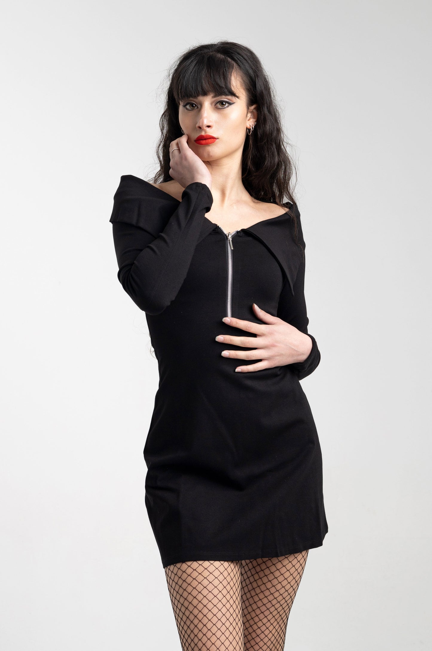 Wednesday zip off shoulder collar sleeve goth dress