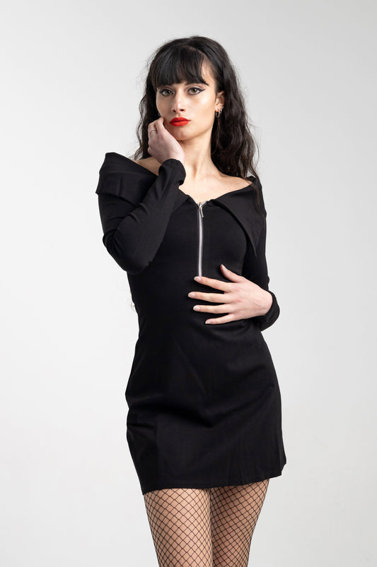 Wednesday zip off shoulder collar sleeve goth dress