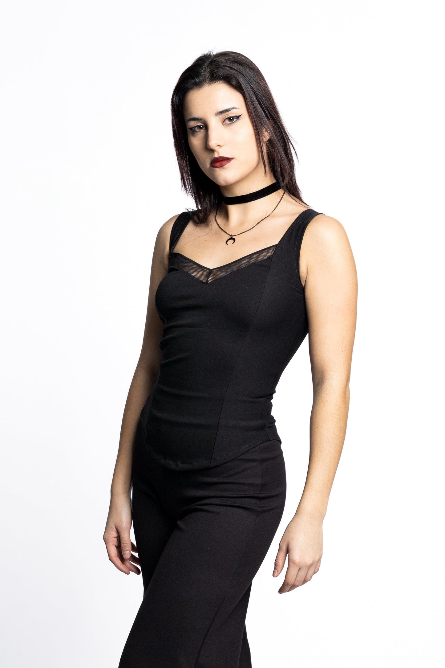 Black Sleeveless Coset top. Square neck mesh top