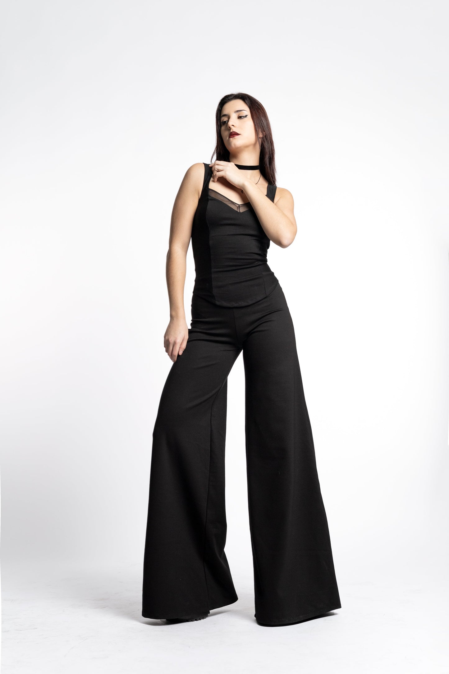 Black Sleeveless Coset top. Square neck mesh top