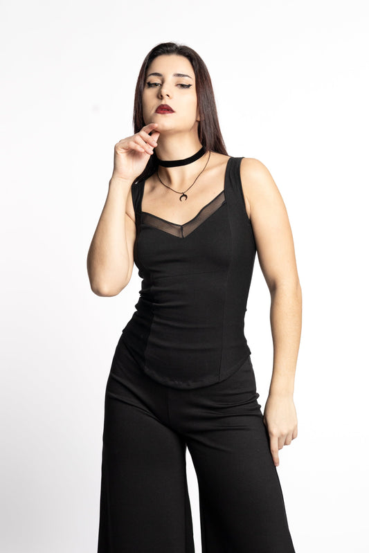 Black Sleeveless Coset top. Square neck mesh top