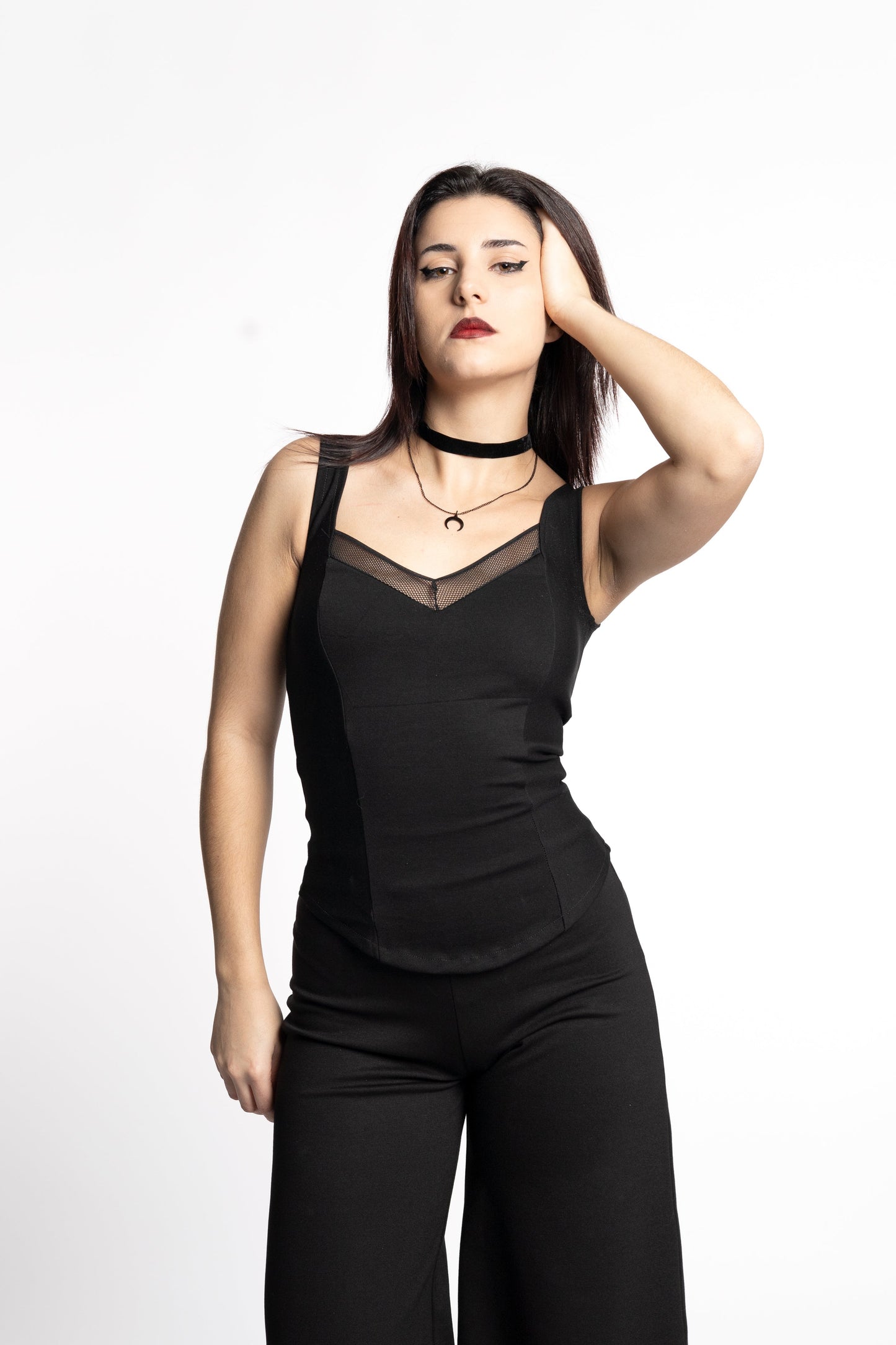 Plum Sleeveless Coset top. Square neck mesh top