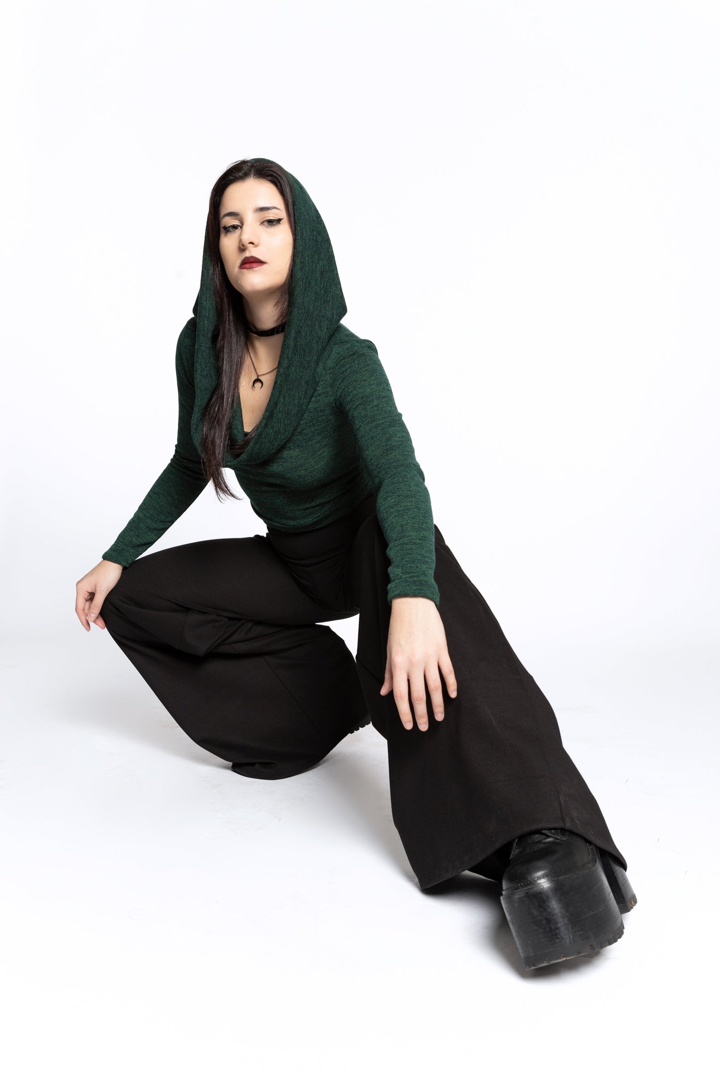 Emerald green Cowl Hooded sleeve fairy crop top