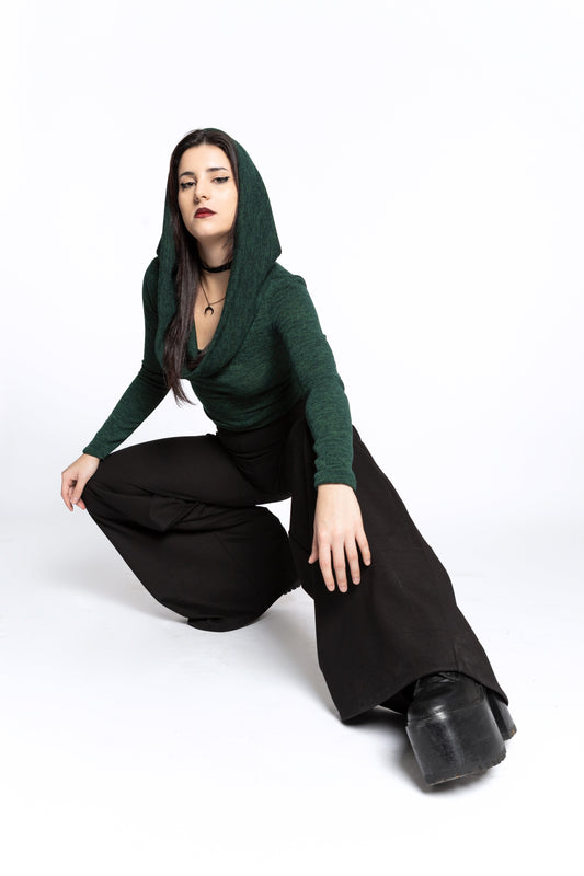 Emerald green Cowl Hooded sleeve fairy crop top