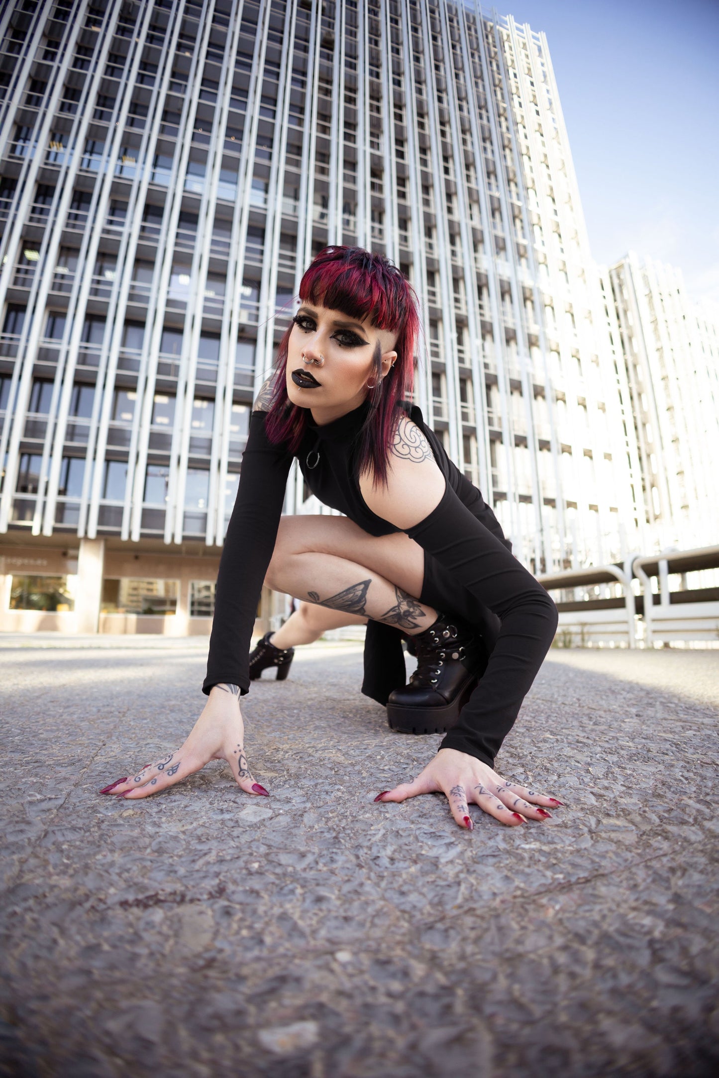 Black midi front slits cold shoulder sleeve grunge dress