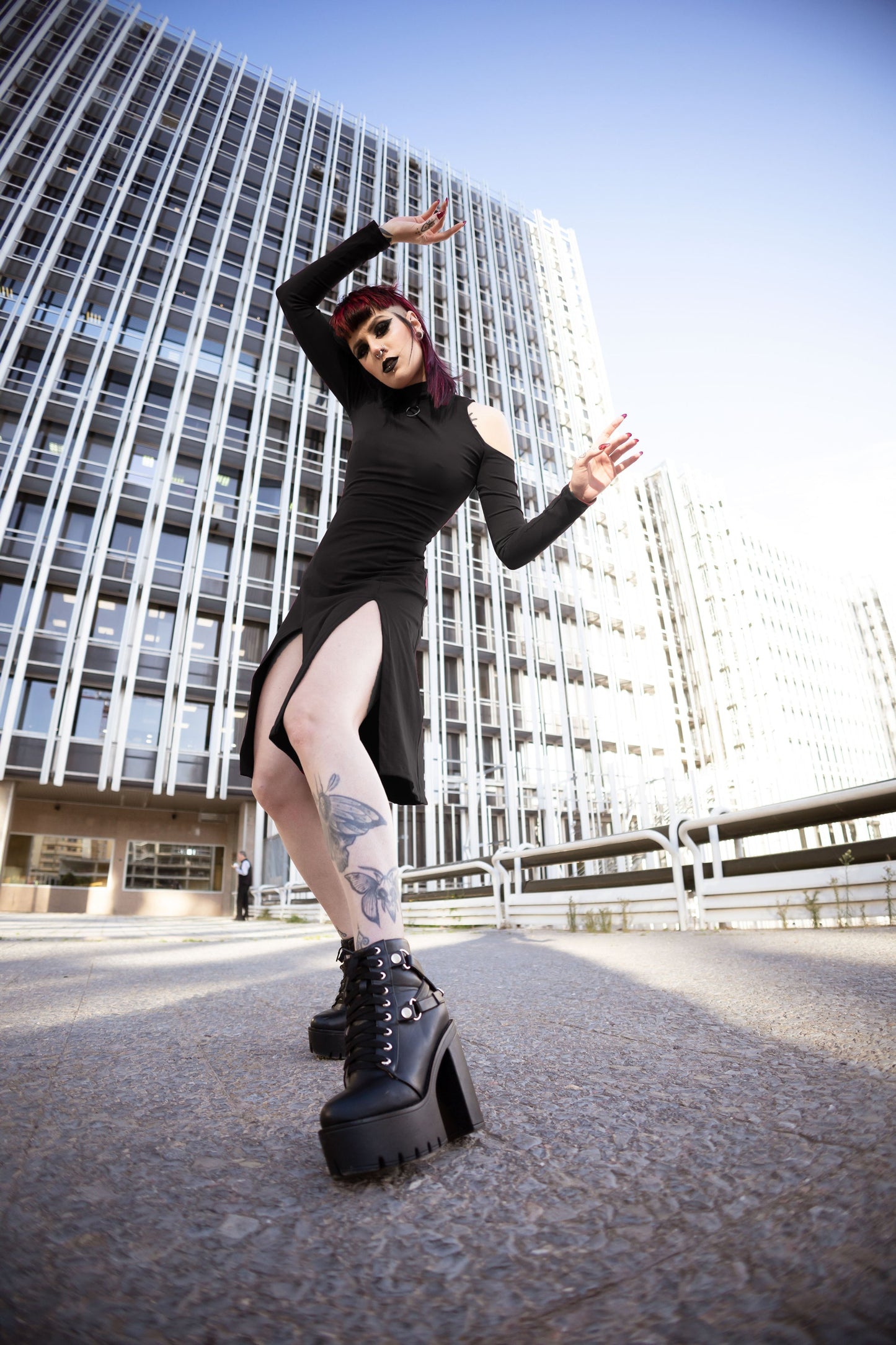 Black midi front slits cold shoulder sleeve grunge dress