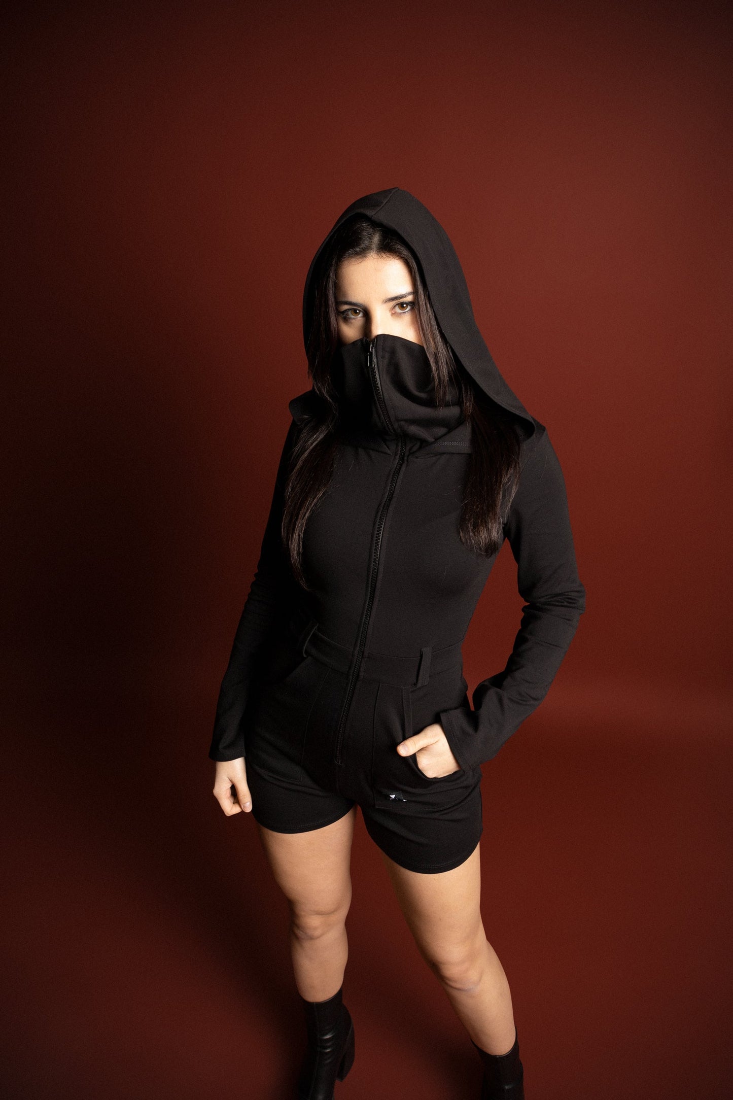 Long Sleeve Hooded Mask Romper - Festival playsuit