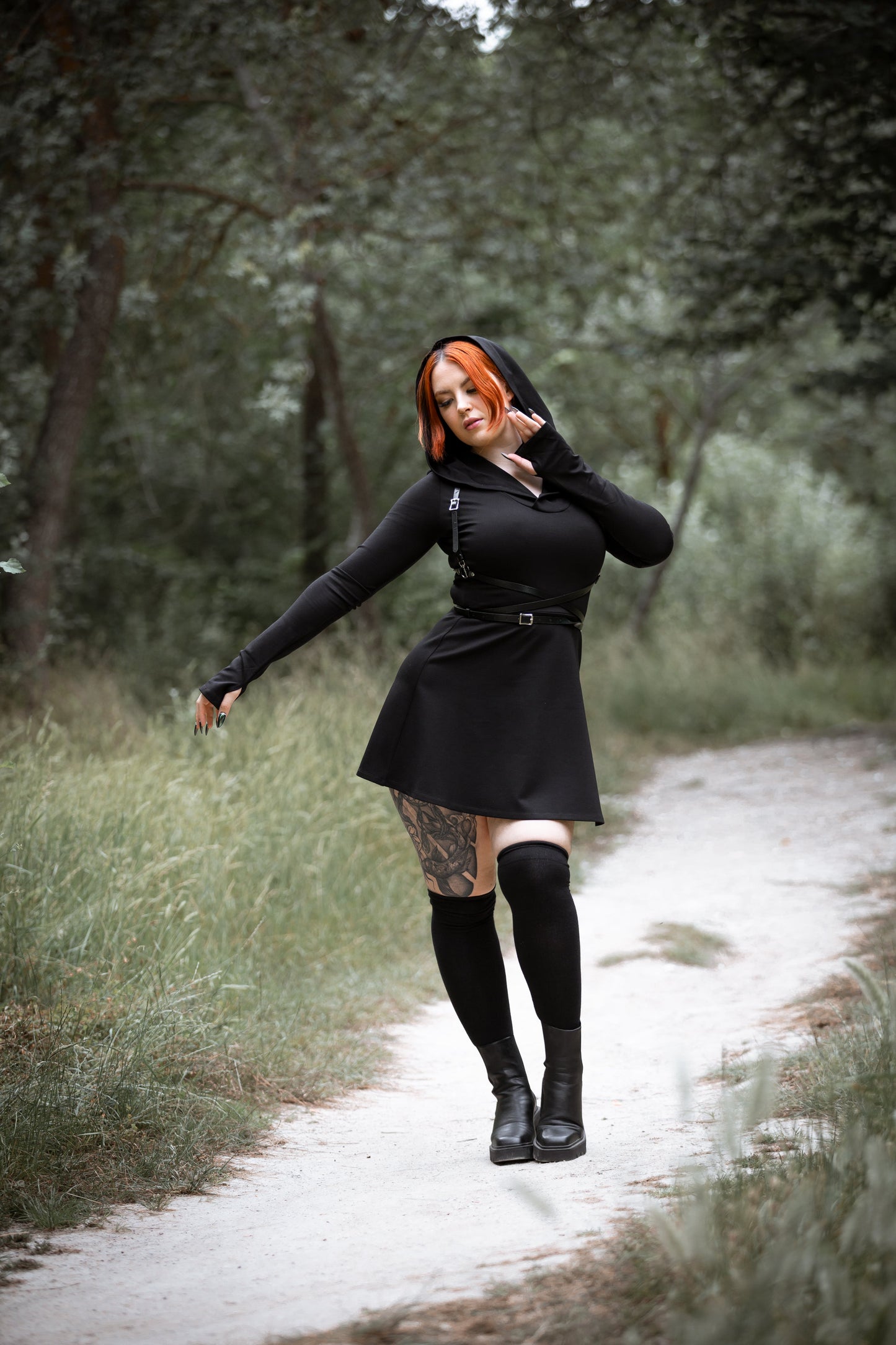 Lilith hooded skater dress with long sleeve and thumbholes