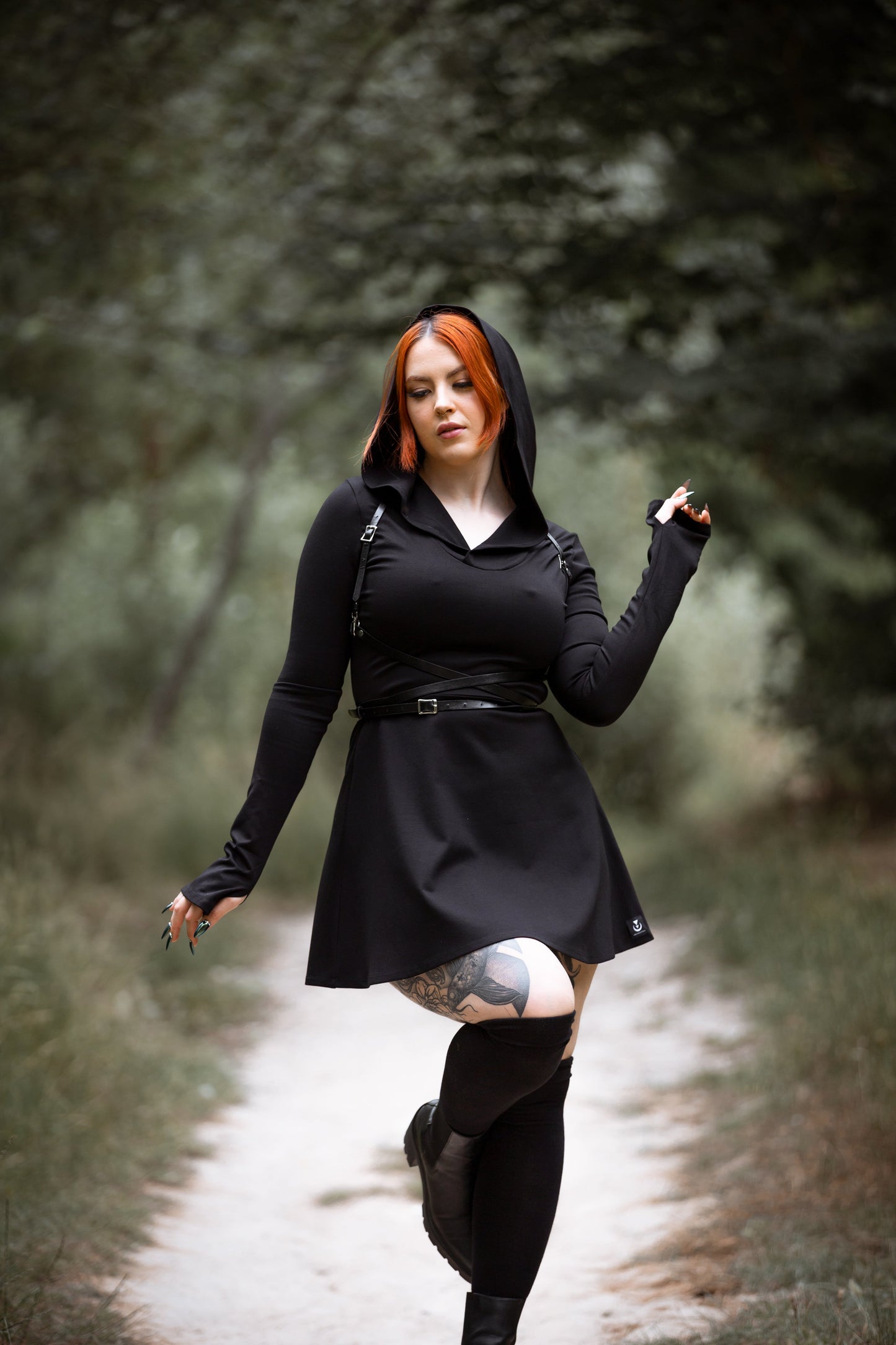 hooded black skater dress with long sleeve and thumbholes